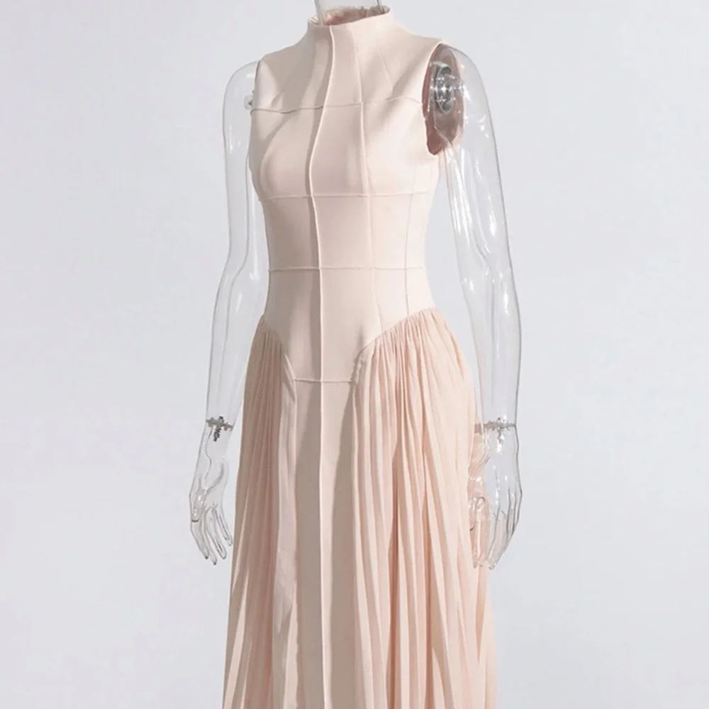 Elegant designer nude mock neck bodysuit pleated skirt blush dress small - Picture 7 of 13